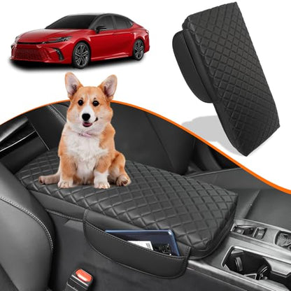 Center Console Armrest Cover for Toyota Camry 2025 2026 Accessories Arm Rest Pad Console Cushion Lid Middle Console Protector Black Leather with Pockets