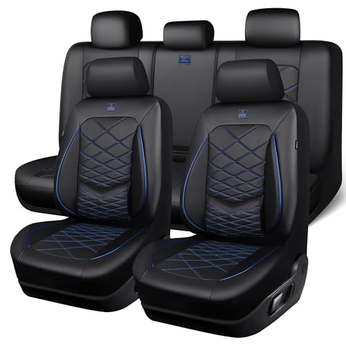 CAR PASS Luxury Nappa Leather Seat Covers Full Set, Water Resistant Faux Leather Seat Cover with Lumbar Support, Breathable Automotive Seat Covers Universal Fit for Sedan SUV Van Truck, Black Blue - color: Black and Blue, size: Full Set