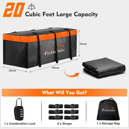 Hitch Mount Cargo Carrier Bag, 20 Cubic Feet 100% Waterproof Car Tray Luggage Bag (59" 24" 24") with 6 Reinforced Straps + 1 Combination Lock, Fits for All Vehicles with Steel Trailer Basket - size: 20 Cubic Feet