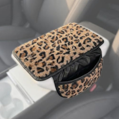Plush Leopard Print Car Center Console Cover with Side Pockets, Fluffy Armrest Cushion Pad,Soft Cheetah Car Interior Decorations Accessories with Storage for Women,Universal Fit for Vehicles SUV Truck
