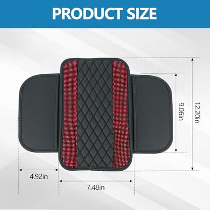 Bling Leather Car Center Console Cover, 12.2"×7.48" Crystal Rhinestone Automotive Arm Rest Cover with Side Pockets, Universal Vehicle Armrest Protector, Interior Car Accessories (Red) - color: Red