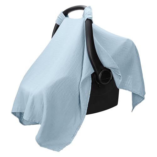 Comfy Cubs Baby Car Seat Cover - Soft, Breathable Bamboo Rayon and Muslin Cotton Blend - Lightweight Canopy for Sun, Bug, and Comfort Protection - Large Size Infant Seat Cover in Sky Blue Design - color: Sky Blue
