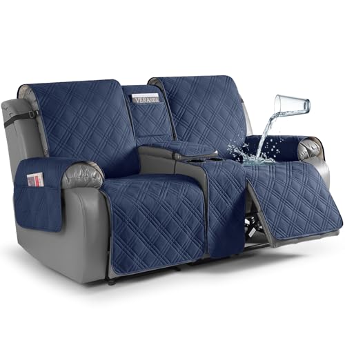 TAOCOCO Waterproof Loveseat Recliner Cover with Console, Non-Slip Reclining Loveseat with Console Cover with Pocket, Split Recliner Sofa Covers Furniture Protector for Pets Dogs(2 Seater, Navy Blue) - color: Navy Blue, size: 2 Seater