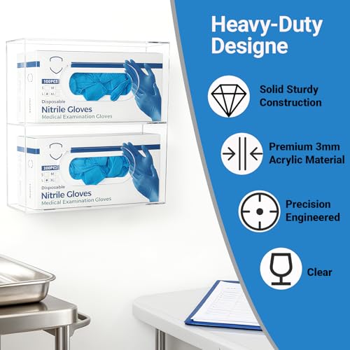 Double Glove Box Holder Wall Mount, Side-Load Acrylic Glove Dispenser - Clear Medical Storage Organizer for Lab, Hospital, Kitchen,- 10 x 3.54 x 10.6 IN - Quick Access & Easy Refill - size: Double