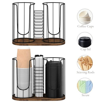 Coffee Cup Holder 18oz 3-Compartment Paper Cup Dispenser Rack with Wood Base - Disposable Cup, Straw & Lid Organizer 3-in-1 Storage for Countertop, Coffee Bar, Kitchen, Office