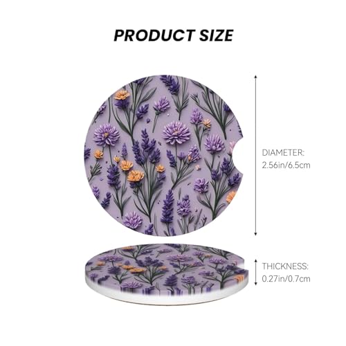 Purple Lavender Flower Absorbent Ceramic Car Coasters for Cup Holders, 2.56" Anti Slip Insert Cup Coasters for Women Men (2 PCS) - color: Purple Lavender Flower