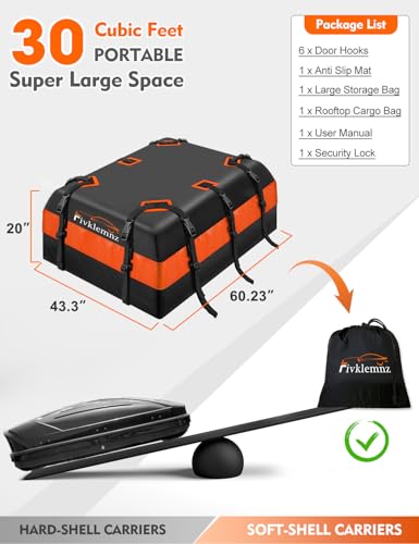 FIVKLEMNZ 30 Cubic Car Rooftop Cargo Carrier Roof Bag Waterproof for All Top of Vehicle with/Without Rack Includes Topper Anti-Slip Mat + Reinforced Straps + 6 Door Hooks + Luggage Lock - size: 30 Cubic Feet