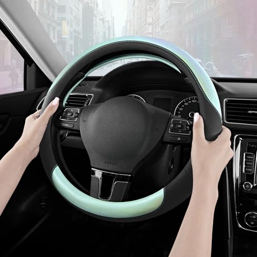 Road Comforts Steering Wheel Cover – Breathable Leather Steering Wheel Cover, Anti-Slip Grip, Universal Fit 14.5” to 15”, Heat & Cold Resistant for Cars, SUVs, and Trucks – Black & Shining Light Blue - color: Black&Light Blue