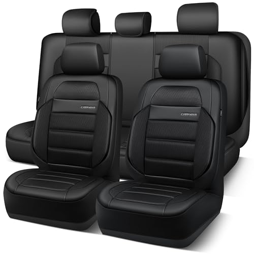 CAR PASS Memory Foam Seat Covers Full Sets, Airy Cool Mesh Thick Car Seat Covers, Leather Car Seat Covers 5 Seats Airbag Compatible, Universal Automotive Comfort for Most Cars, Trucks, SUV, Black - color: black all