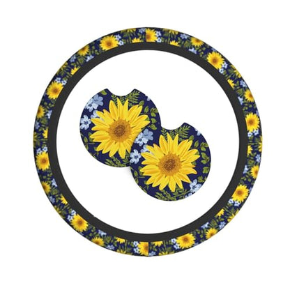 Sunflower Steering Wheel Cover with 2 Car Coasters Non Slip Neoprene for Women Men Universal 15 Inch