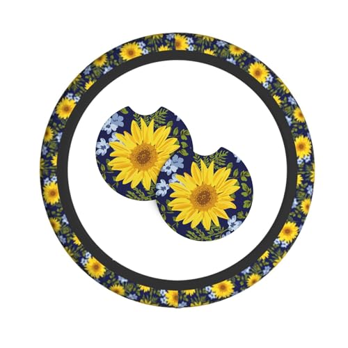 Sunflower Steering Wheel Cover with 2 Car Coasters Non Slip Neoprene for Women Men Universal 15 Inch