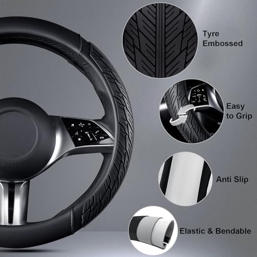 CAR PASS Leather Rubber Steering Wheel Cover 14 1/2” -15”,Tire Tread Pattern Design,Non-Slip Wear-Resistant, Heavy Duty Deep-Dish Car Floor Mats, Trim-to-Fit Car Mat,Fit for Steering Wheel Black - color: All Black Combo Set 38