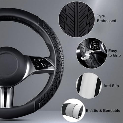 CAR PASS Leather Rubber Steering Wheel Cover 14 1/2” -15”,Tire Tread Pattern Design,Non-Slip Wear-Resistant, Heavy Duty Deep-Dish Car Floor Mats, Trim-to-Fit Car Mat,Fit for Steering Wheel Black - color: All Black Combo Set 38
