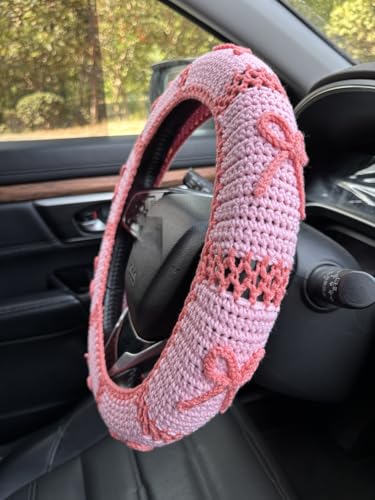 Handmade Crochet Pink Bow Car Steering Wheel Covers Universal 14-15 inch,Cute Steering Wheel Cover,Car Accessories (A,Steering Wheel Cover) - color: A,steering Wheel Cover
