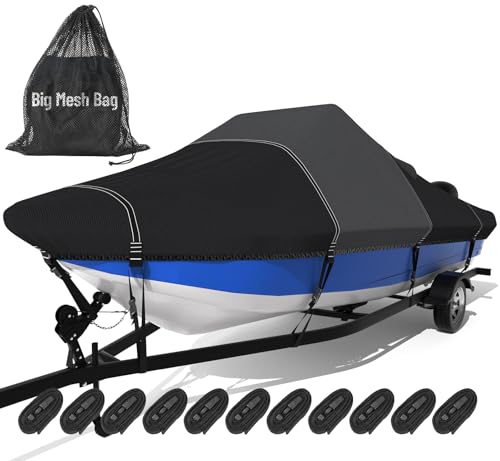 1600D+1200D Tearproof Center Console Boat Cover with 2" Wide Loops for Trailering and Mooring - Ultra Durable Waterproof Fits 20-22ft Center Console Boat, with Storage Bag - color: Black, size: 20' - 22' L, Beam Width UP to 106" W