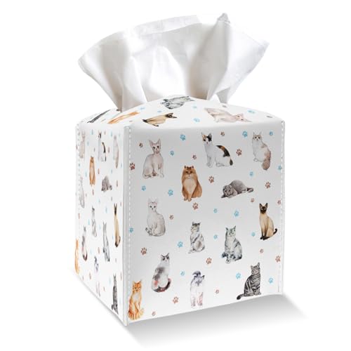Tissue Box Cover Holder Square - Cute Cats and Paw PU Leather Tissue Box Cover with Bottom Belt, Facial Paper Organizer for Tabletop, Bathroom, Kitchen, Car & Office -040 - color: Cute Cats