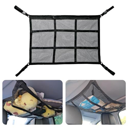 Car Ceiling Cargo Net Pocket, 31"x21" Nine Grid Mesh Nine SUV Roof Organizer Long Trip Storage Bag,Tent Putting Quilt Children's Toy Towel Sundries Interior Accessories