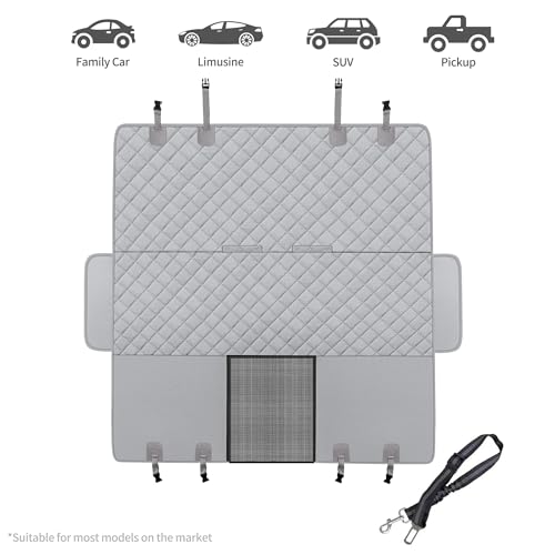 GXT Dog Back Seat Cover Protector for Cars SUV and Trucks with Mesh Window, Scratchproof Nonslip and Waterproof Material - color: Grey, style: Seat Cover and Dog Seat Belt