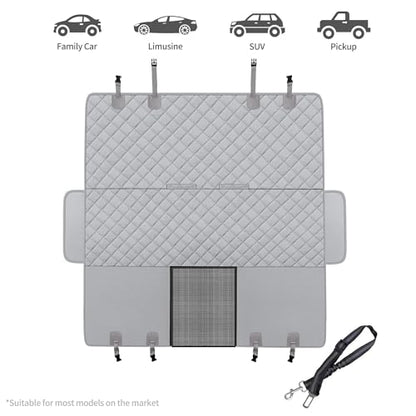 GXT Dog Back Seat Cover Protector for Cars SUV and Trucks with Mesh Window, Scratchproof Nonslip and Waterproof Material - color: Grey, style: Seat Cover and Dog Seat Belt