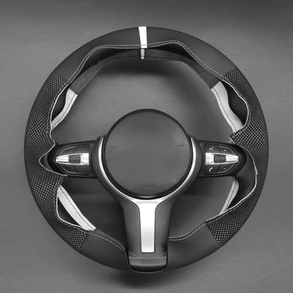 MEWANT Hand-Stitched Steering Wheel Cover for BMW (M Sport) F22 F23 F30 F34 F32 F33 F36 F10 F07 F12 F13 F06 F39 F25 F26 F15 F16, DIY Custom Fit Steering Wheel Wrap for BMW - color: 14:Black mesh Athsuede with White Layer
