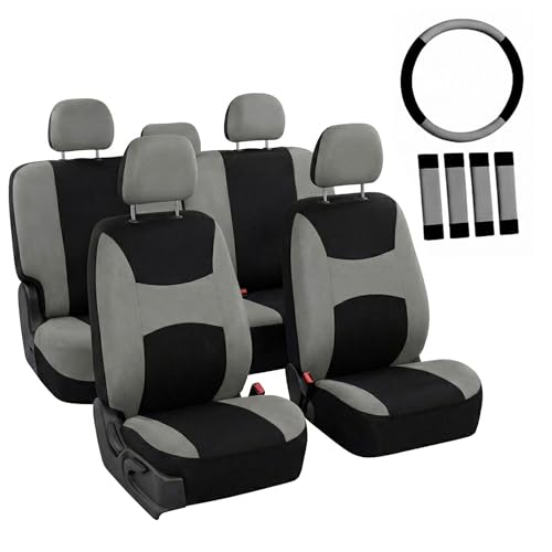 FH Group Universal Fit Gray Black Automotive Seat Covers Combo Set with Steering Wheel Cover and Seat Belt Pad fits Most Cars, SUVs, and Trucks (Airbag Compatible and Split Bench) - color: Gray/Black
