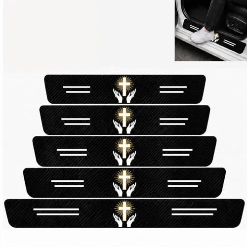 5PCS Christian Cross Car Door Sill Protector, Carbon Fiber Leather Door Sill Sticker,Anti-Scratch Scuff Plate Sticker for All Car Models,Religious Car Accessories Decor,Christian Gifts for Believer - color: Christian Cross