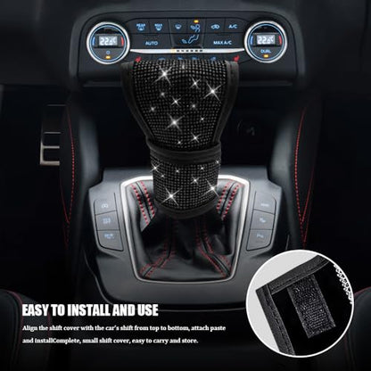 Bling Auto Gear Shift Knob Cover, Car Shifter Cover, Sparkly Crystal Rhinestones Gear Shift Knob Cover for Women Girls, PU Leather Shift Gear Cover with Bling Accessories Fit Cars (Black) - color: Black