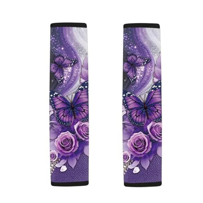 Dreaweet Car Seat Belt Cover Pad Purple Rose Butterfly Seatbelt Covers for Women Universal Auto Accessories 2 Pcs Seatbelt Cushions Comfy Soft Car Seat Strap Covers - color: Rose Butterfly