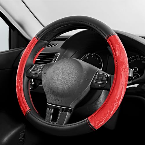PIC AUTO Steering Wheel Cover, Silk Grain Leather Car Steering Wheel Protector, Comfortable Grip, Universal 14.5-15.5 Inch Anti-Slip Steering Wheels Accessories for Men & Women (Red) - color: Red