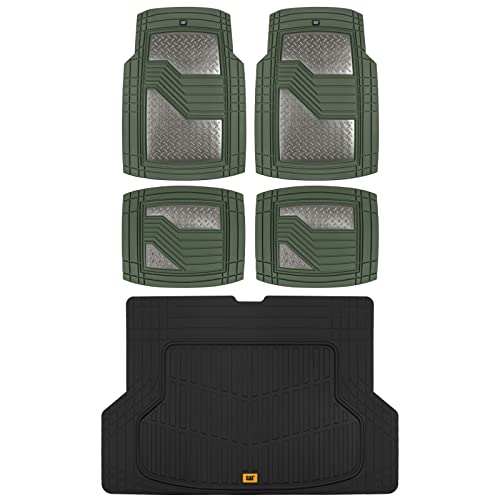 CAT® Diamond Steel Heavy-Duty Rubber Floor Mats & Cargo Trunk Liner for Cars Trucks SUVs Vans Sedans, Green & Silver - Trim-to-Fit, All Weather Deep Dish Automotive Floor Mat for Complete Protection