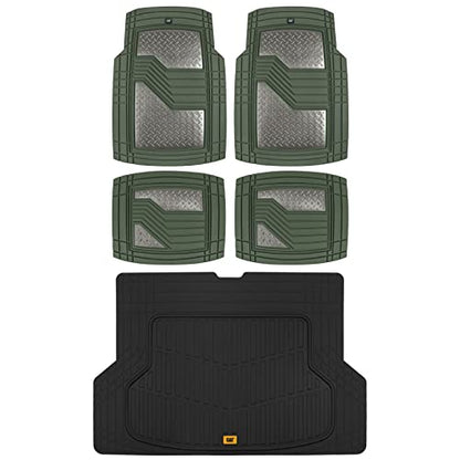 CAT® Diamond Steel Heavy-Duty Rubber Floor Mats & Cargo Trunk Liner for Cars Trucks SUVs Vans Sedans, Green & Silver - Trim-to-Fit, All Weather Deep Dish Automotive Floor Mat for Complete Protection