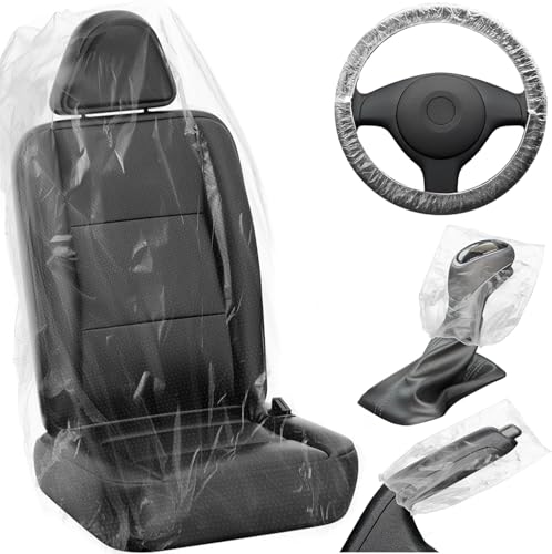MYFAMIREA 125 PCS Disposable Car Seat Covers Clear Plastic Vehicle Seat Protector Set with Steering Wheel, Gear Shift and Handbrake Covers, Universal for Cars Auto Truck Bus Airplane - color: Car Seat Covers Set, size: 125 PCS