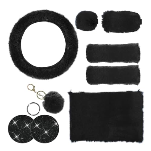 10PCS Fluffy Car Accessories Set, Furry Steering Wheel Cover with Warm Fuzzy Gear Shift Cover Ball Keychain Handbrake Cover Console Seat Belt Shoulder Pads & Diamond Ignition Ring Cup Mats (Black) - color: Black