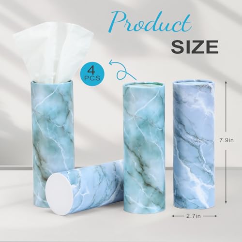 Car Tissue Holder (4 PK) - 50 3-Ply Tissues Cylinder, Fits Car Cup Holders, Portable Travel Tubes Box Container, Marble Design, Round Tissue Container for Car Accessories - style: Marble