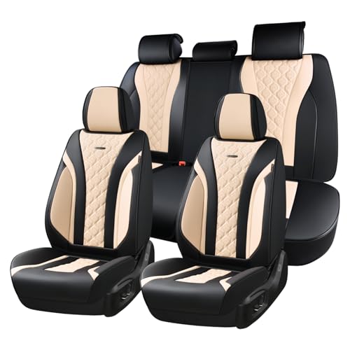 Coverado Car Seat Covers, Seat Covers Full Set, Black Beige Car Seat Cover, Perforated Diamond Leather Seat Covers for Cars, Luxury Car Seat Cushion, Auto Seat Covers Universal Fit Most Cars - color: 1-Black&Beige, size: FullSet