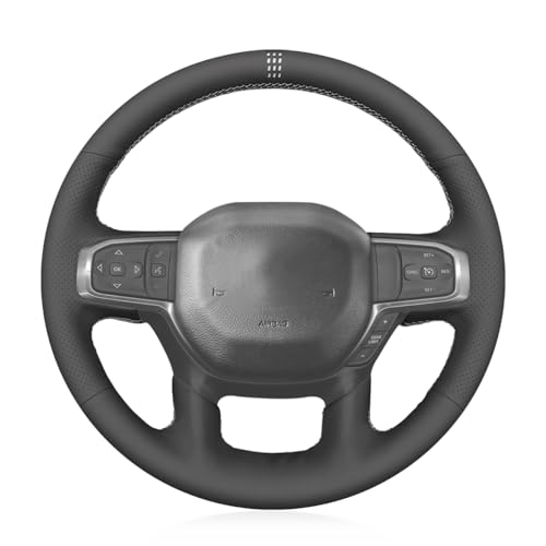 MEWANT DIY Hand Stitch Black Artificial Leather Steering Wheel Cover for Dodge Ram 1500 Laramie Big Horn 2019-2021 - color: Black Artificial Leather&White Stripe&White Thread