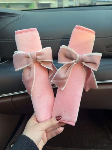 2pcs Cute Bow Tie Soft Plush Protector Shoulder Pad Styling Car Accessories Pink Princess Bow Decor Car Seat Belt Cover Gift for Sister's mom Teacher