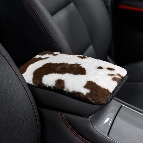 Furry Car Cow Print Armrest Cover- Cute Plush Center Console Pad Cars Interior Accessories for Women Men, Plush Protector Fit Most Auto Vehicle, SUV, Truck Arm Rest Box (Brown) - color: Brown