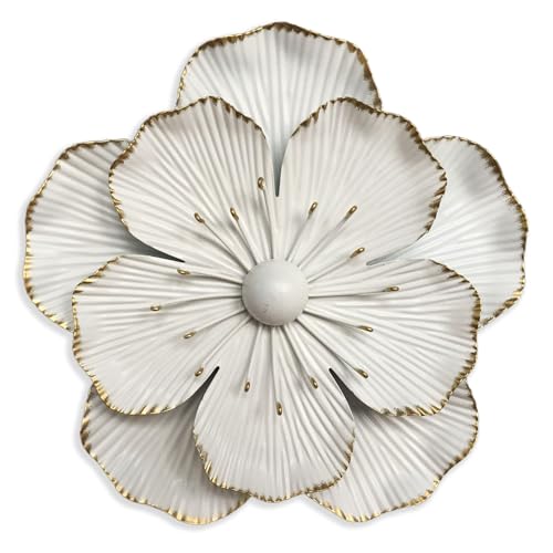Metal Flower Wall Art Decor, 9" Rustic Modern Floral Sculpture, Distressed Iron Wall Hanging Home Decoration Accent Artworks for Indoor Kitchen Bedroom Living Office Outdoor Garden Patio (35B-White) - color: 35B-White
