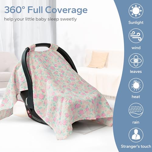 SERAPHY 100% Muslin Cotton Car Seat Cover Baby, 2 Pack Universal Carseat Covers Baby Boy Girl, Breathable Car Seat Canopy, Soft Infant Car Seat Cover for Summer and Winter—2 Pcs Pink&Flowers - color: Pink&Flowers