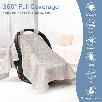 SERAPHY 100% Muslin Cotton Car Seat Cover Baby, 2 Pack Universal Carseat Covers Baby Boy Girl, Breathable Car Seat Canopy, Soft Infant Car Seat Cover for Summer and Winter—2 Pcs Pink&Flowers - color: Pink&Flowers