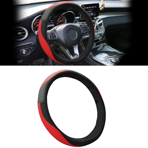 Car Steering Wheel Cover with Inner Circle, Upgraded 15 inch Leather Steering Wheel Protector for Men Women, Anti-Slip Breathable Car Interior Accessories for Most Cars (Red) - color: Red