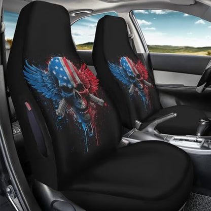 Skull American Flag Printed Car Seat Cover Front Seats Only, Waterproof Car Front Seat Covers Compatible with Airbag, All Weather Protector, Universal Fits Auto Interior Accessories - color: Black and Red - Skull American Flag