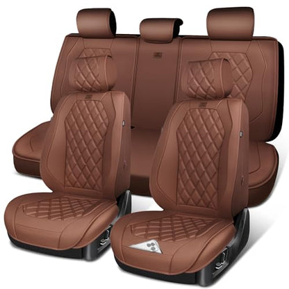 CAR PASS Luxury Nappa Leather Seat Covers Full Set, 3D Rhombus Waterproof Faux Leather Seat Covers, Universal Automotive Seat Cushion Fit for Most Sedan SUV Truck Van, Armrest Airbag Compatible Brown - color: brown