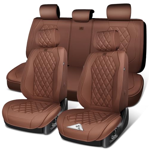 CAR PASS Luxury Nappa Leather Seat Covers Full Set, 3D Rhombus Waterproof Faux Leather Seat Covers, Universal Automotive Seat Cushion Fit for Most Sedan SUV Truck Van, Armrest Airbag Compatible Brown - color: brown