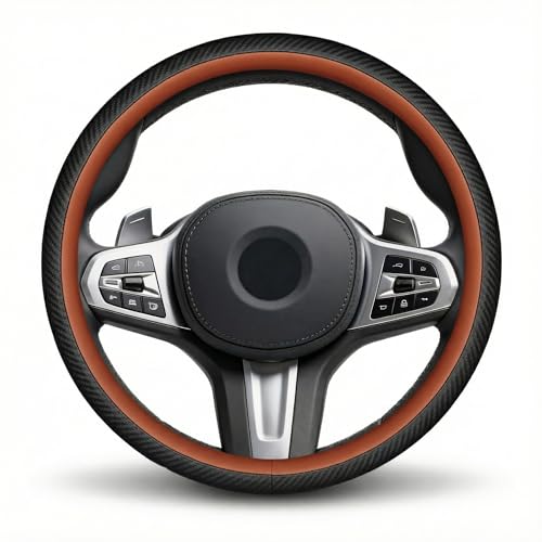14.5-15" Nappa Leather & Carbon Fiber Steering Wheel Cover - Ultra-Thin Bare-Hand Feel, Sweat-Proof Sport Grip - Instant Supercar Interior Upgrade for Sedan/SUV - color: orange（R