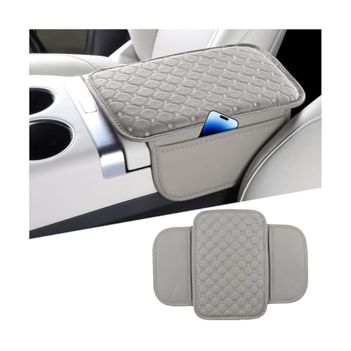 Bling Car Center Console Cover, Leather Crystal Rhinestone Vehicle Armrest Cushion Pad with Side Storage Bags, Scratch Resistant Auto Middle Console Protection Mat, Universal Fit (Gray)