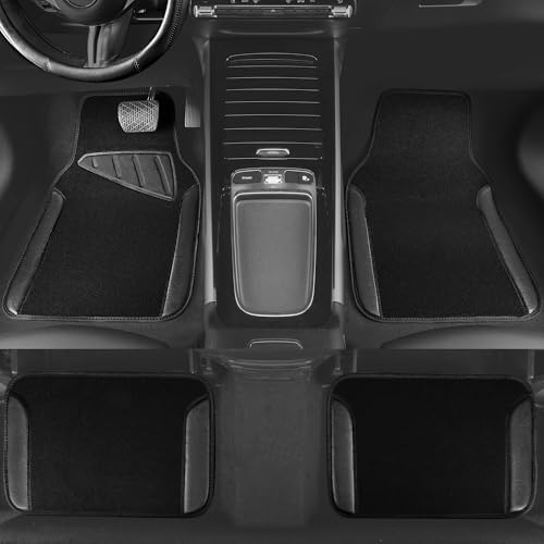 CAR PASS Microfiber Leather Steering Wheel Cover and Waterproof Car Floor Mats,Universal Car Combo Fit for 95% Sedan,SUV,Cars,14.5-15inch Anti-Slip Safety Comfortable Faux Leather Design(Solid Black) - color: All Black