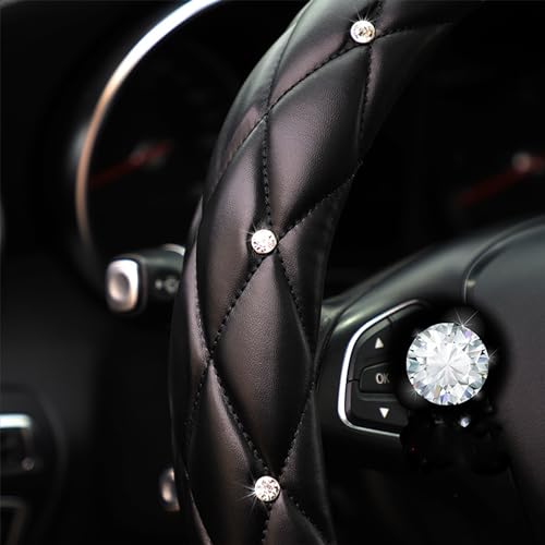 YOGURTCK Diamond Soft Leather Anti-Slip Steering Wheel Cover with Bling Bling Crystal Rhinestones, Universal 15 Inch for Women Girls, Fit Vehicles, Sedans, SUVs, Vans, Trucks - Black - color: A-Black