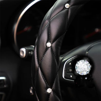 YOGURTCK Diamond Soft Leather Anti-Slip Steering Wheel Cover with Bling Bling Crystal Rhinestones, Universal 15 Inch for Women Girls, Fit Vehicles, Sedans, SUVs, Vans, Trucks - Black - color: A-Black